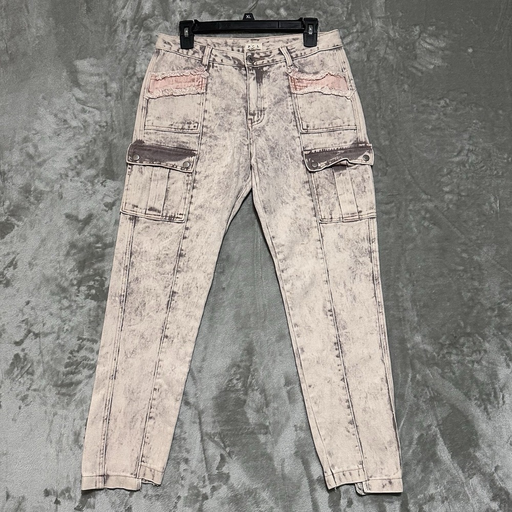POL Cargo Pocket Pink Detail Light Acid Wash Jeans Womens Sz L Relaxed Fit Boho